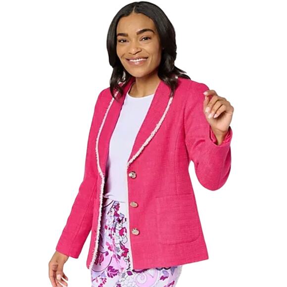 Susan Graver Jackets & Blazers - QVC Susan Graver Tweed Shawl Collar Blazer w/ Fray Trim Pink&White NWOT Size 18W